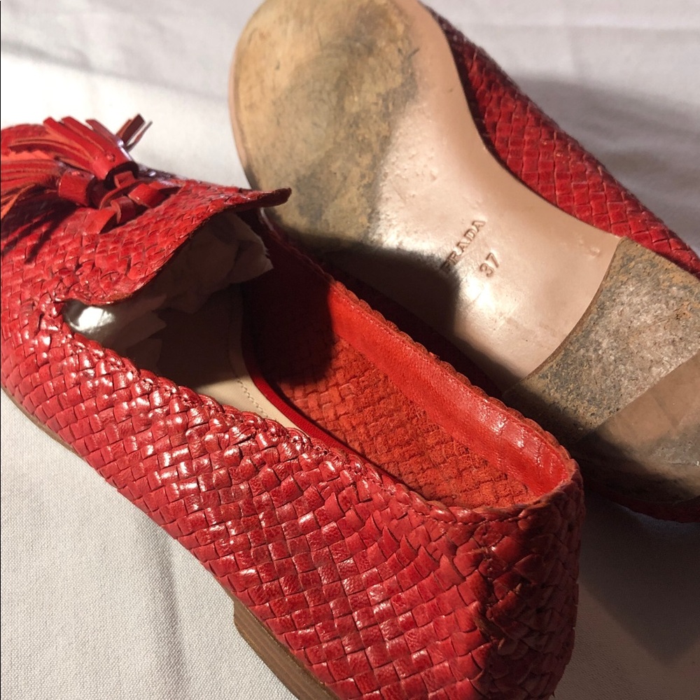 Prada Scarlet Woven Leather Tassel Loafers - Picture 5 of 7